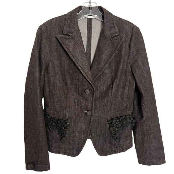 Max Mara Blazer Jacket XS US 2 Denim Gray Beaded Embroidery Yarn Floral Detail - Picture 1 of 12